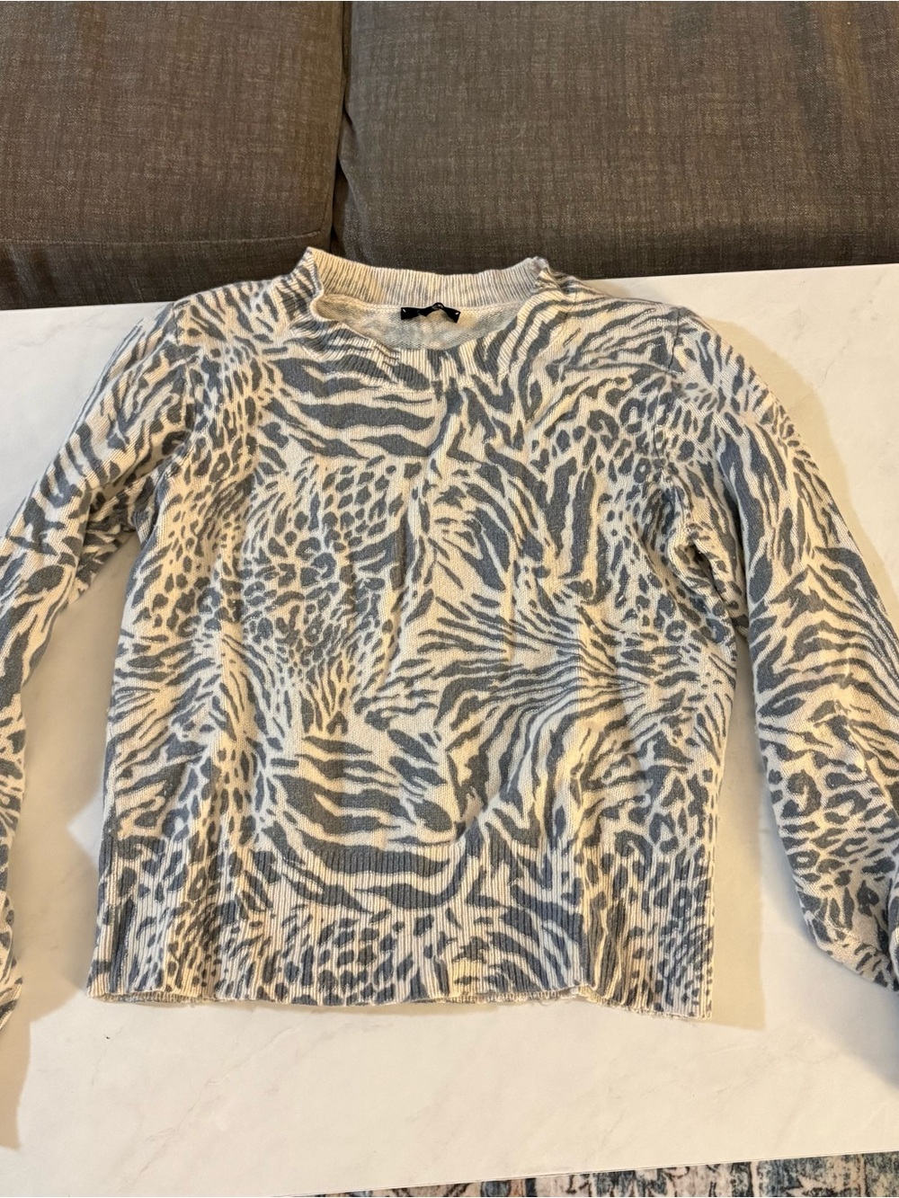 Animal-Print Crewneck Sweater in Cream and Gray